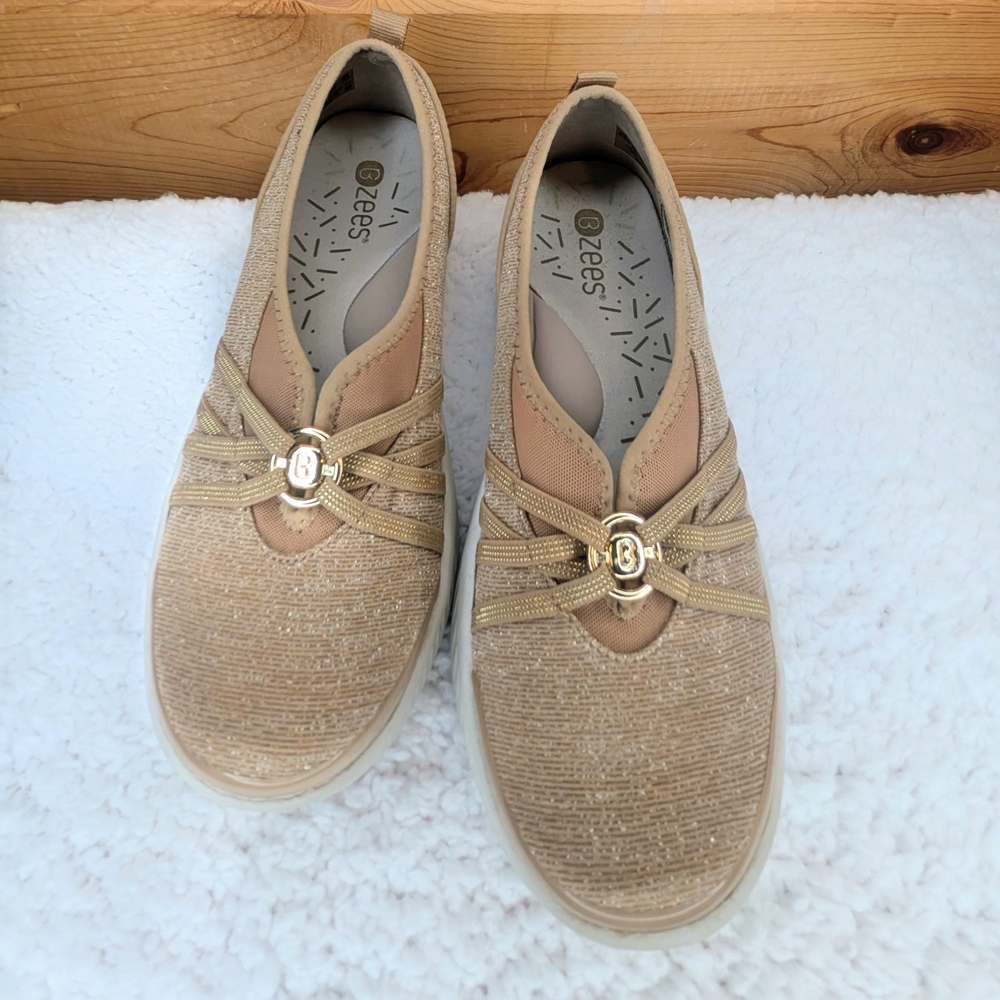 Bzees Slip-On Women's Beige/Gold  Shimmery Sneaker Shoes - Picture 11 of 15